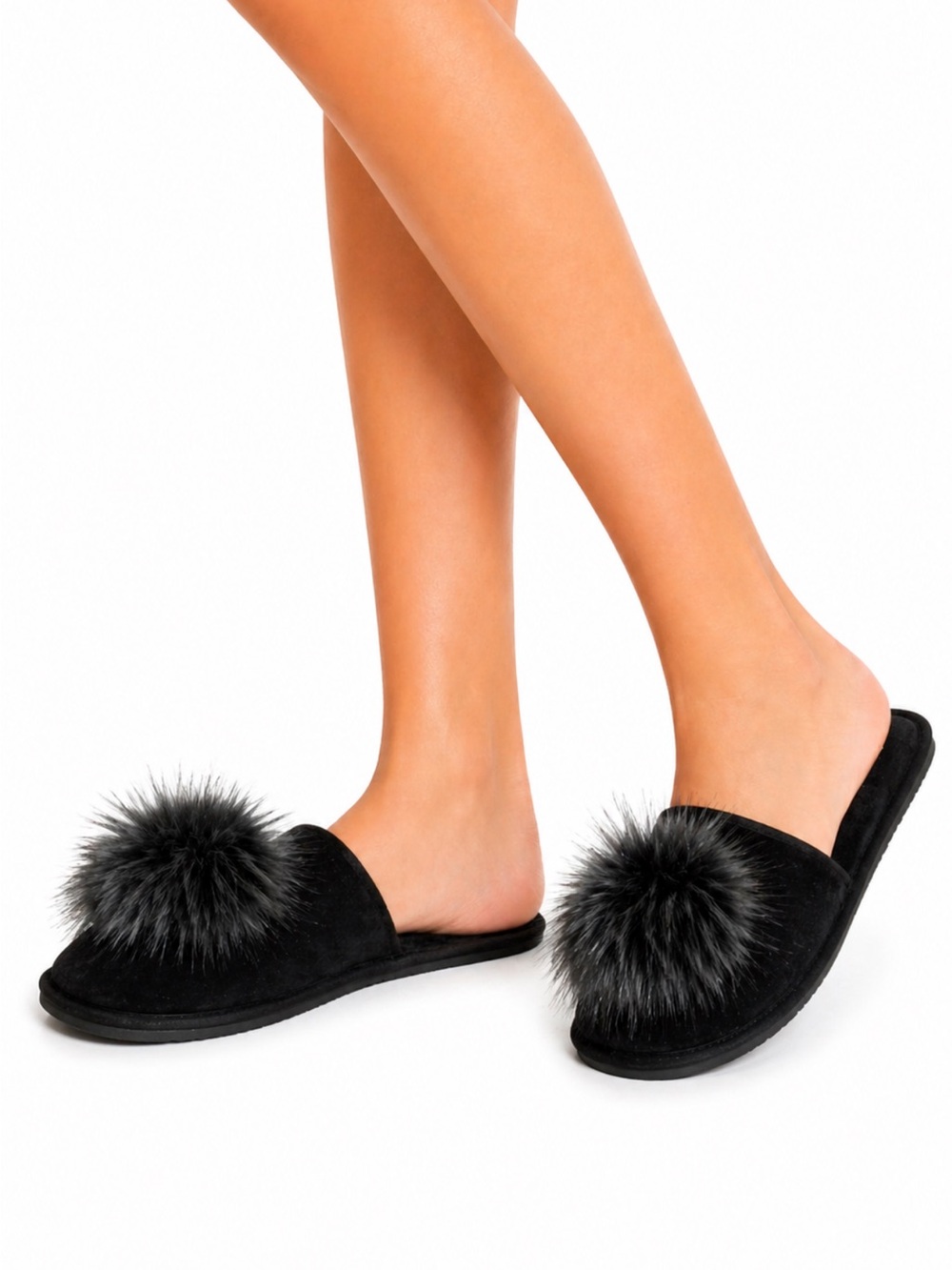 Victoria's Secret Black Velvet Pom-Pom Slip-On Slippers Size S/P
